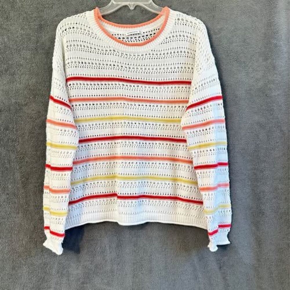 Staccato Size L White Striped Open Knit Sweater